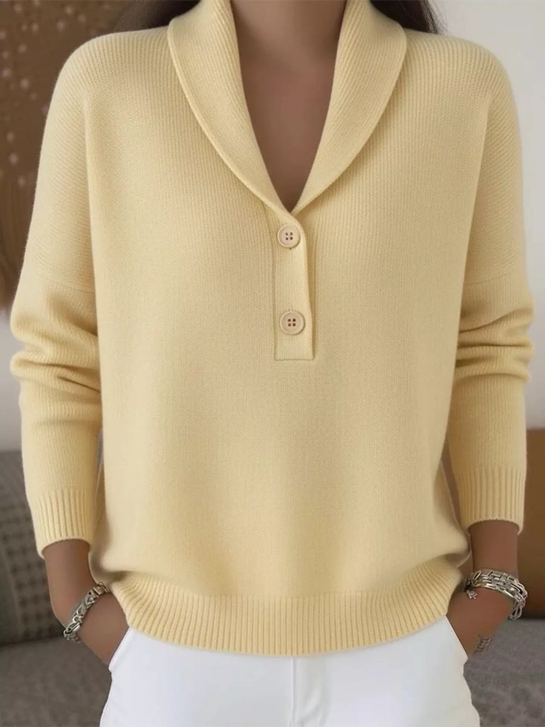 Yellow Shawl collar button placket pullover sweater