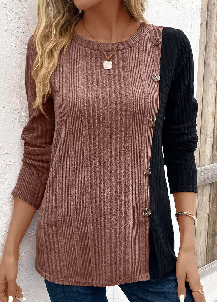 Taupe Color block ribbed knit long sleeve button top