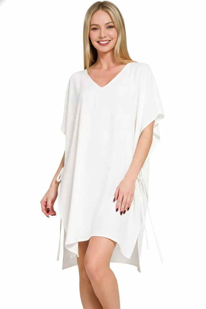 Woven tie-side V-neck beach cover-up with side slits