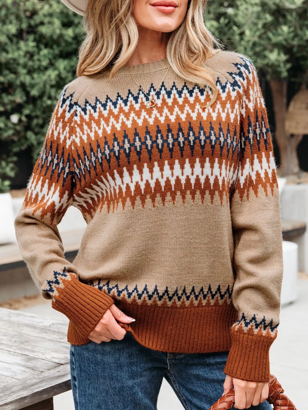 Khaki Fair Isle geometric knit crew neck sweater