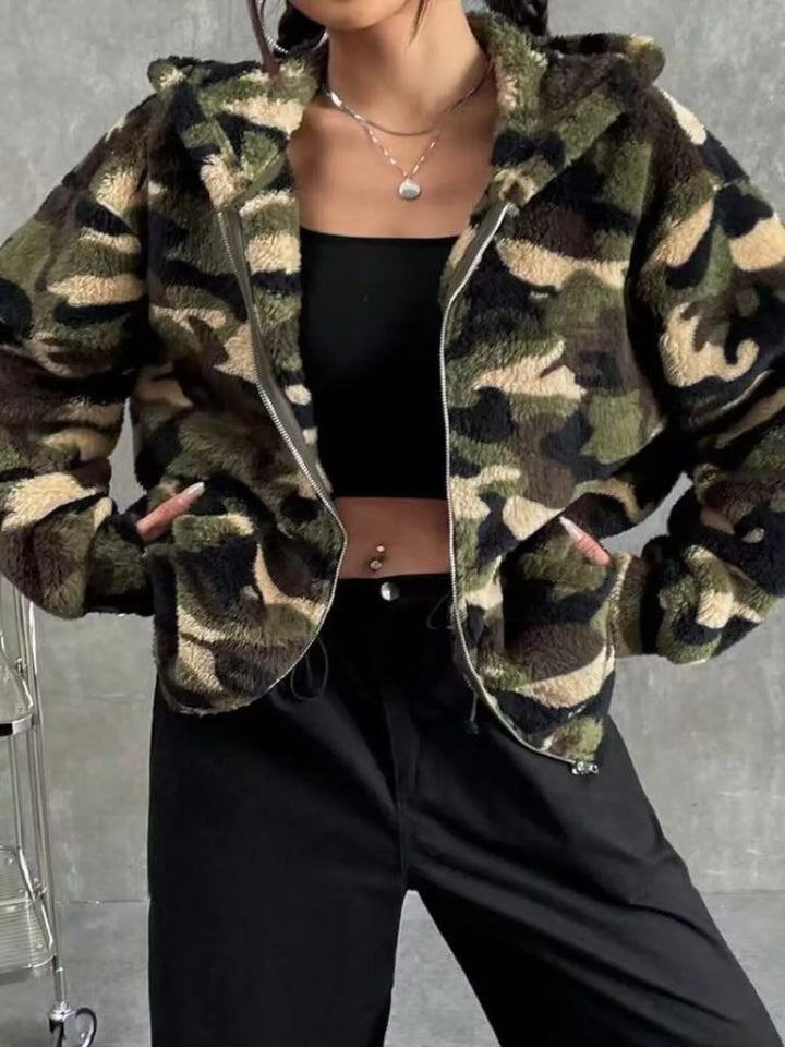 Army Green Cropped fuzzy camo zip-up fleece hoodie jacket