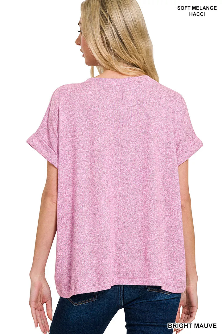 Melange hacci knit top with cuffed short sleeves