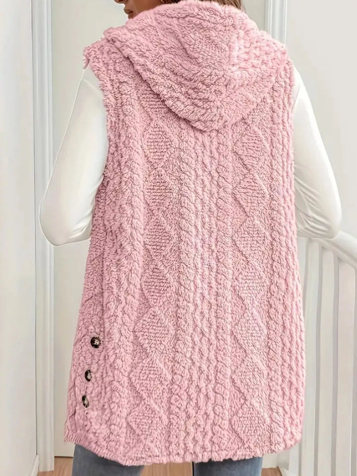 Textured sherpa hooded vest with button front