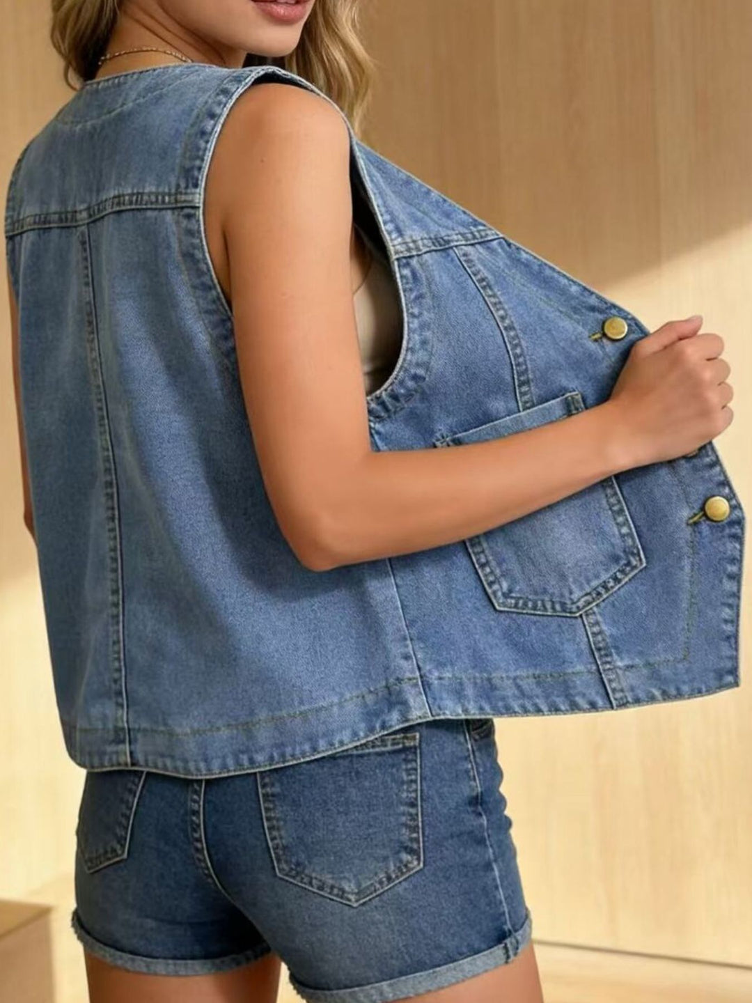 Button-down denim vest with patch pockets
