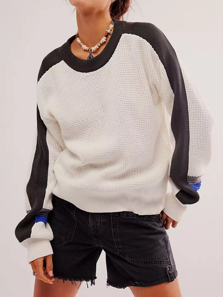 Color block waffle-knit crew sweater with striped sleeves