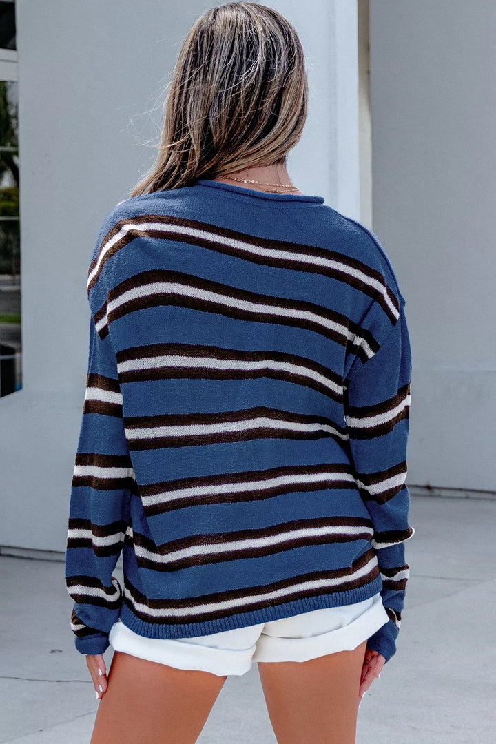 Striped drop shoulder button-front knit cardigan