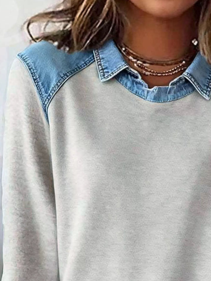 Denim-trim long sleeve crew neck pullover top