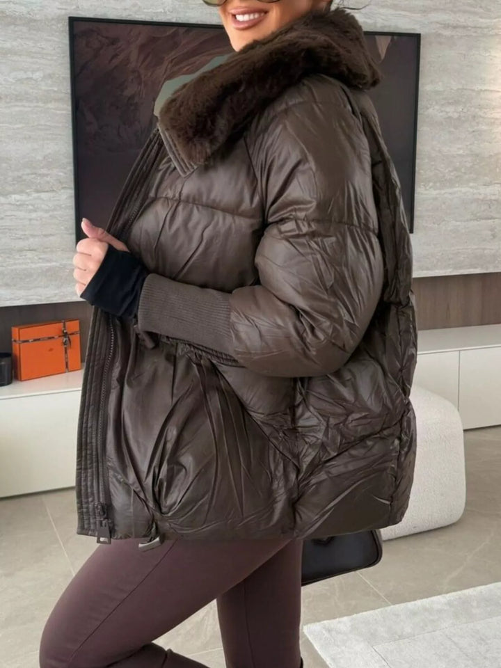 Glossy padded puffer jacket with faux fur collar