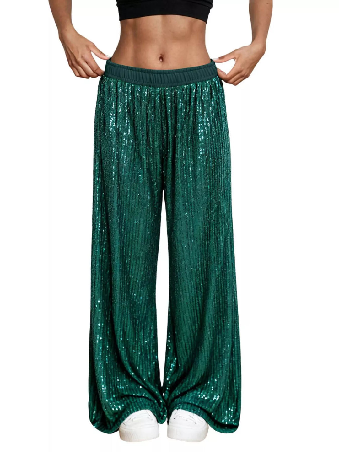 Dark Green All-over sequin wide-leg pants with elastic waist