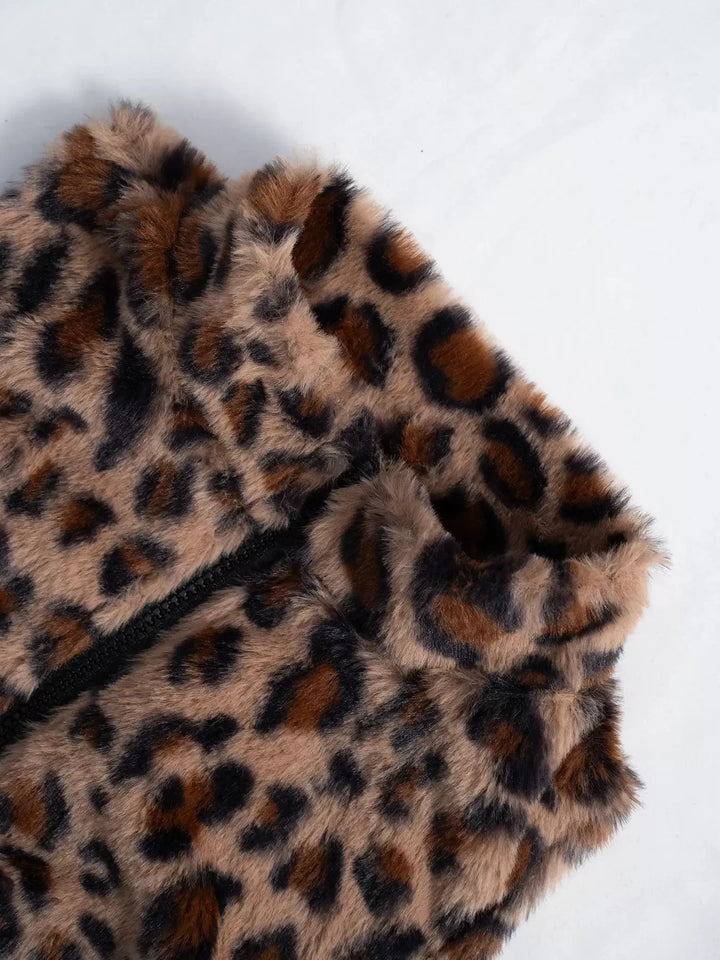 Leopard faux fur cropped zip-up vest with stand collar