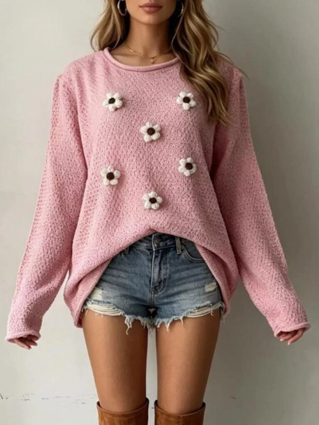 Pink Floral applique textured knit sweater with drop shoulders