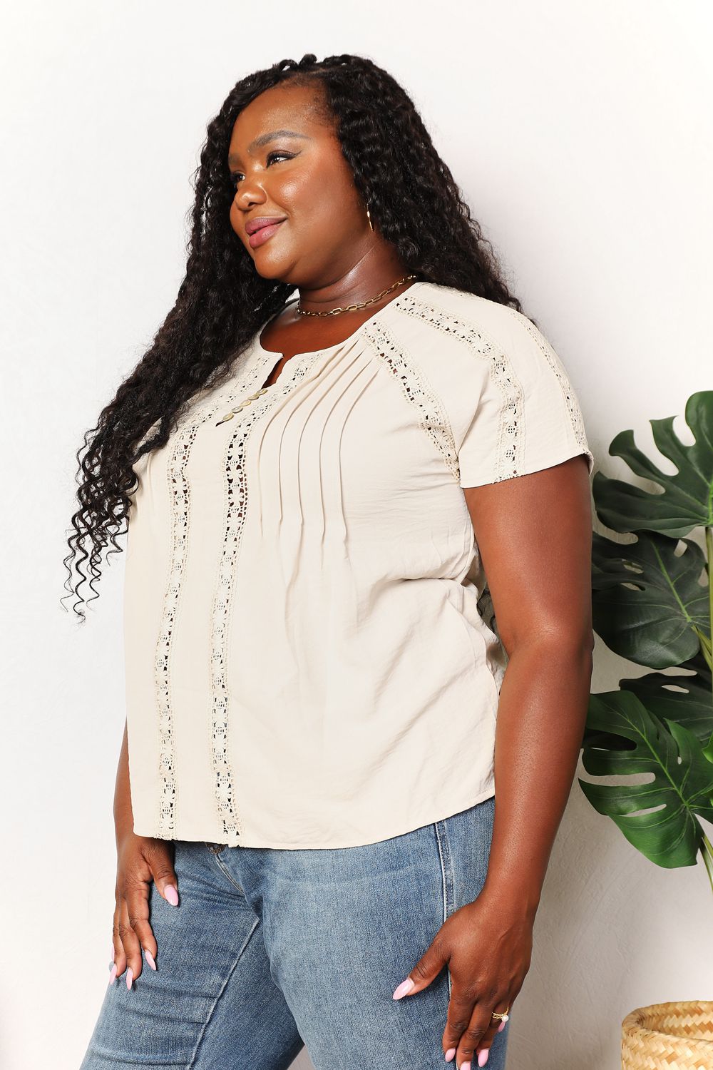 Crochet trim pintuck short sleeve top with button placket