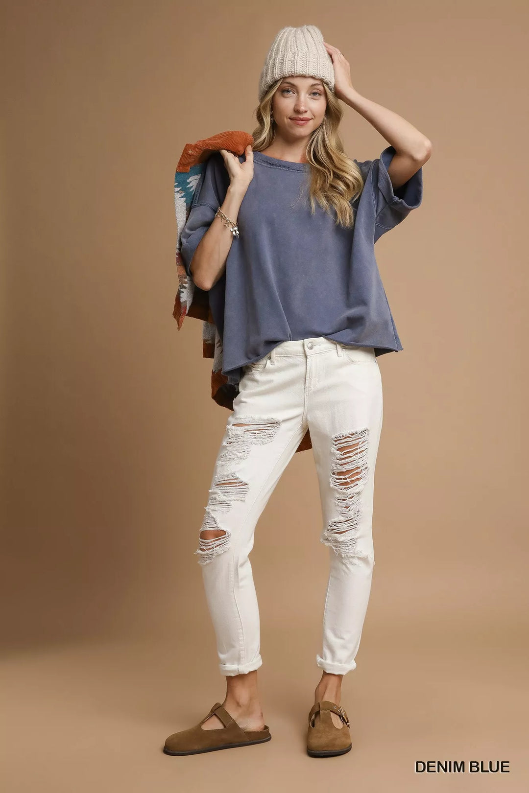 Mineral wash oversized round neck top with rolled sleeves
