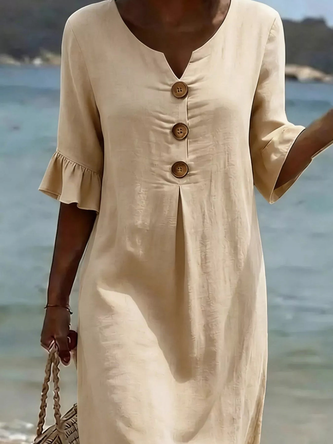 Khaki Flounce sleeve button-front pleated midi dress