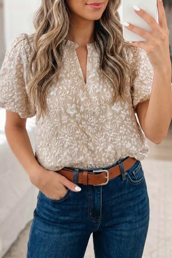 Textured floral jacquard puff sleeve blouse with notched neckline
