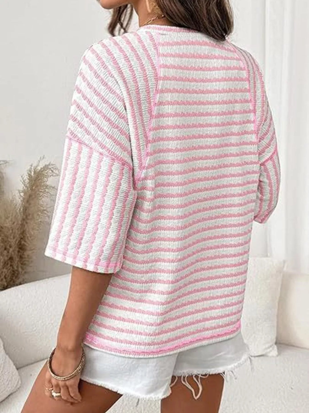 Striped ribbed knit short sleeve crew neck top