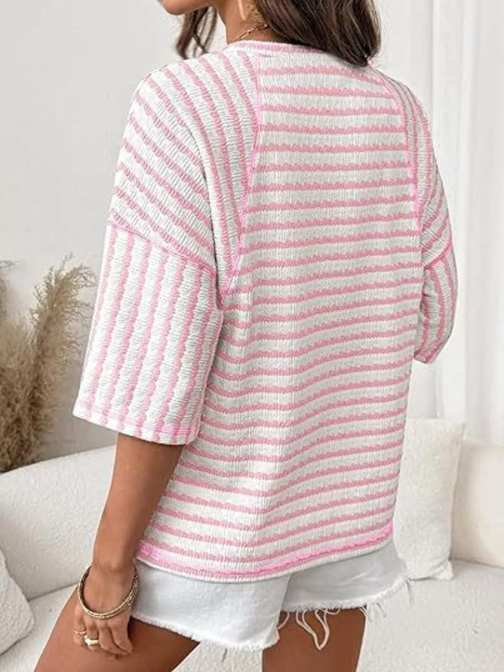 Striped ribbed knit short sleeve crew neck top
