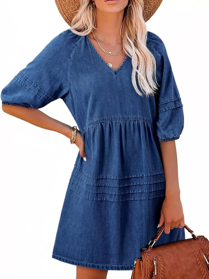 Dark Blue V-neck puff sleeve denim mini dress with pintuck pleating