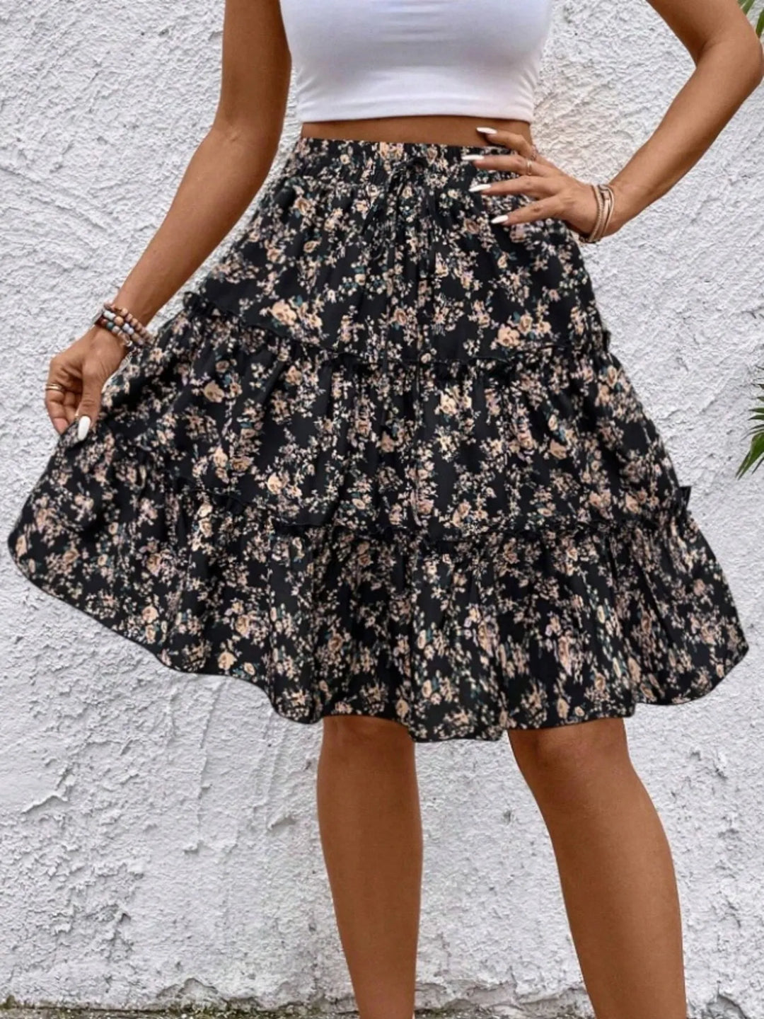 Floral print tiered ruffle mini skirt