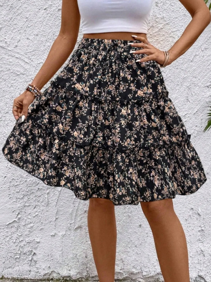 Floral print tiered ruffle mini skirt