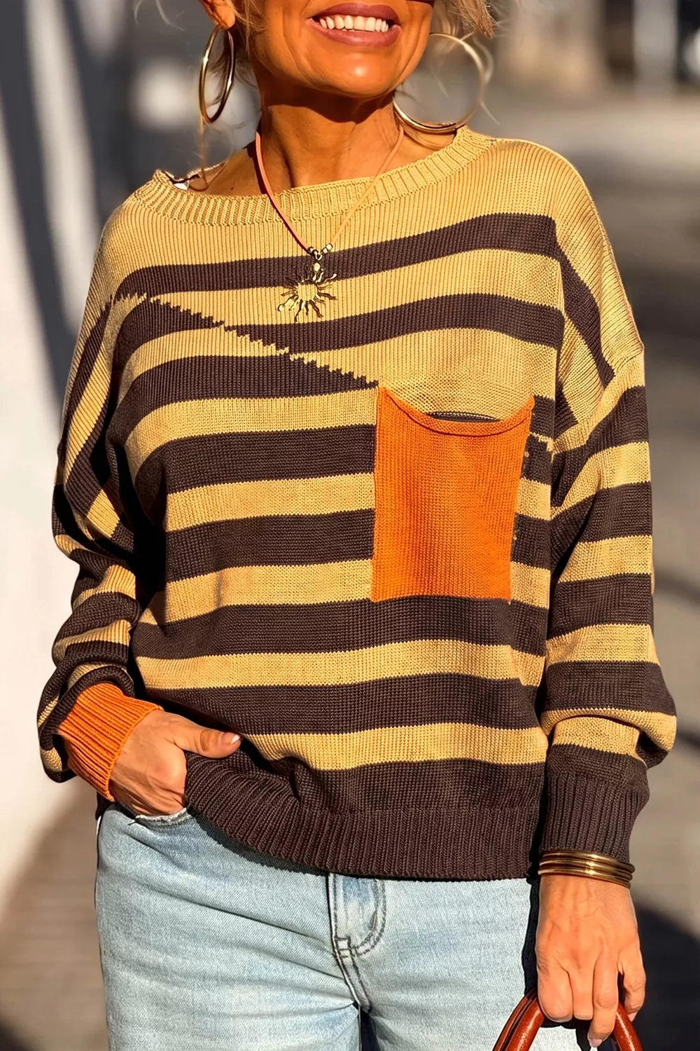 Striped drop shoulder pullover sweater with chest pocket