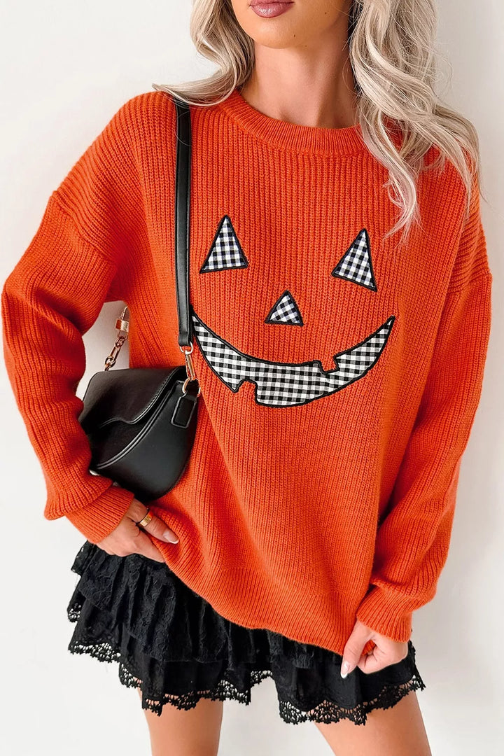 Jack-o-lantern patch drop shoulder Halloween sweater