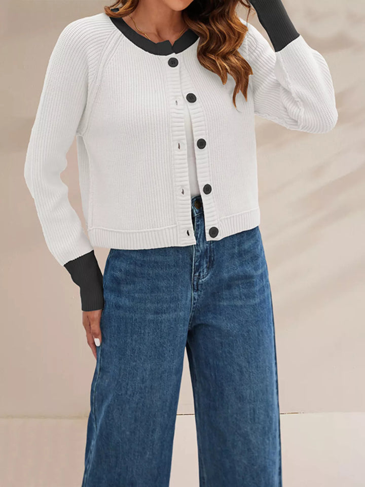 Ribbed knit cardigan with contrast trim and button front
