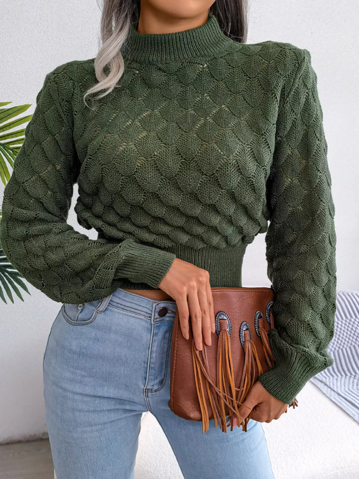 Openwork scallop knit mock neck cropped sweater