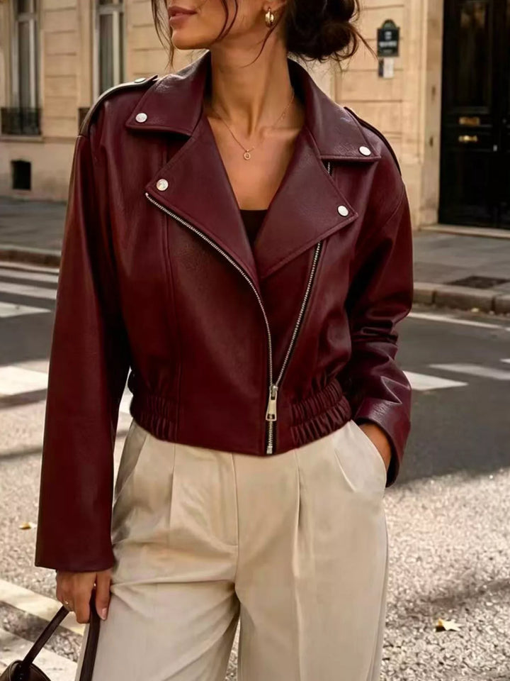 Red Cropped faux leather moto jacket with asymmetric zip