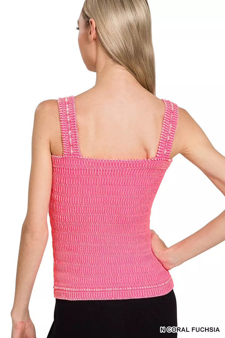 Textured crinkle square-neck tank top with wide straps