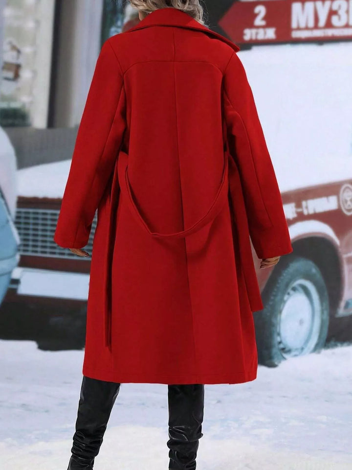 Double-breasted tie-waist long coat with notch lapels