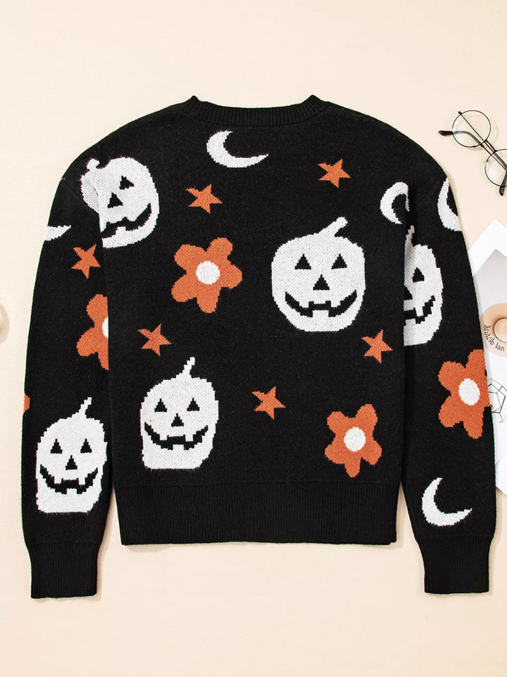 Halloween pumpkin print crew neck pullover sweater