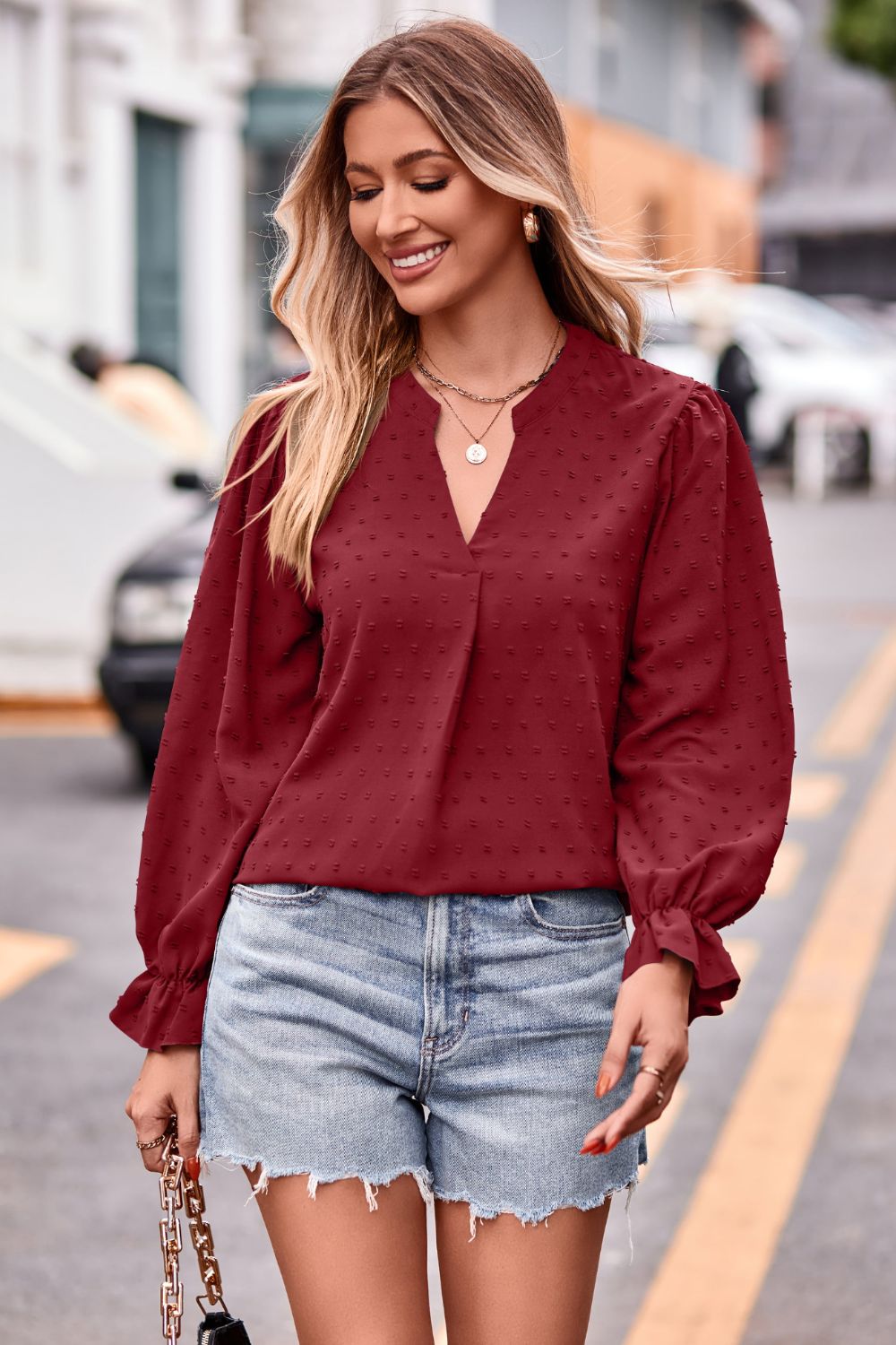 Swiss dot notched neck blouse with flounce sleeves