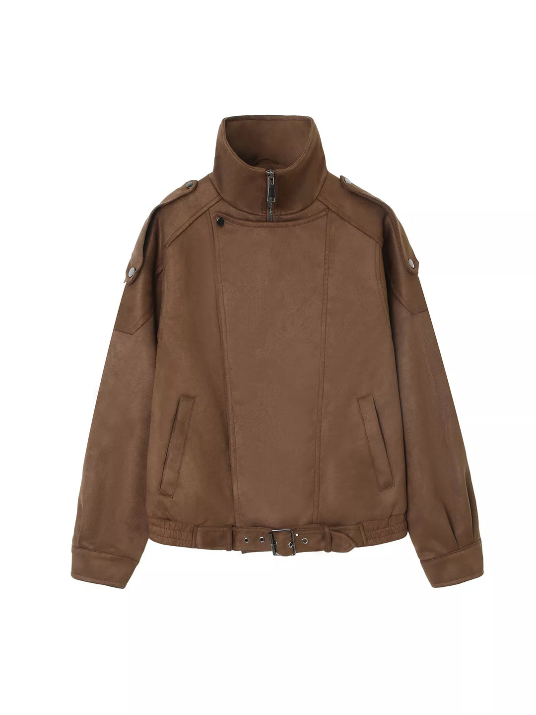 Faux suede moto jacket with asymmetrical zip and belted hem