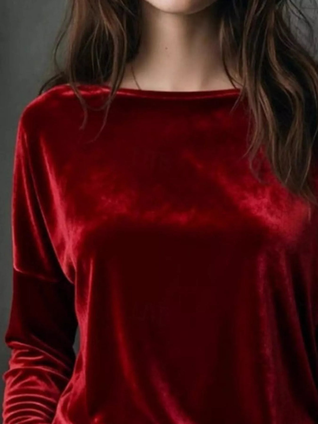 Velvet long sleeve boat neck top with dropped shoulders