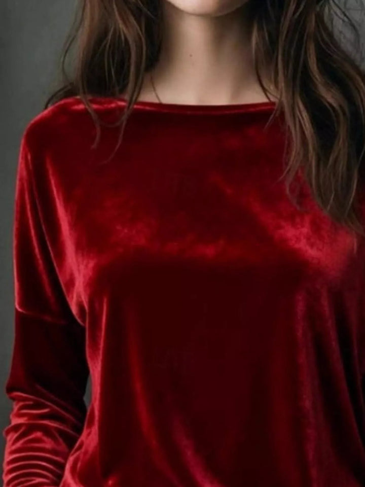 Velvet long sleeve boat neck top with dropped shoulders