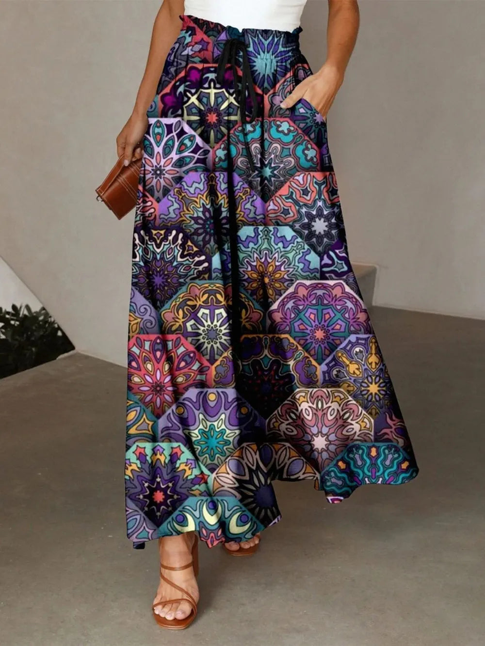 Violet Feather print maxi skirt with drawstring waist and pockets