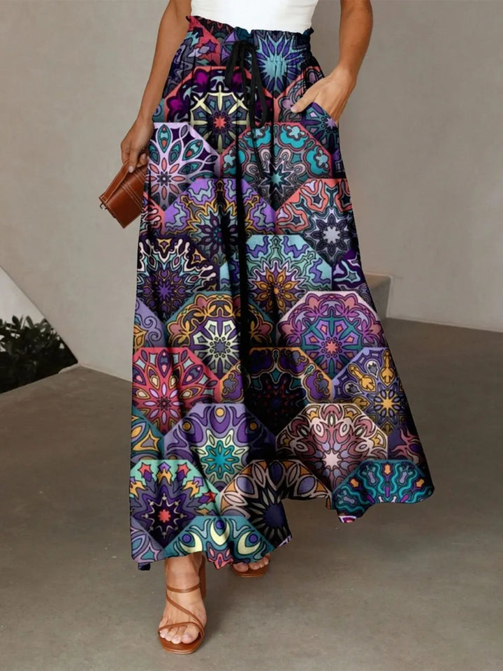 Violet Feather print maxi skirt with drawstring waist and pockets