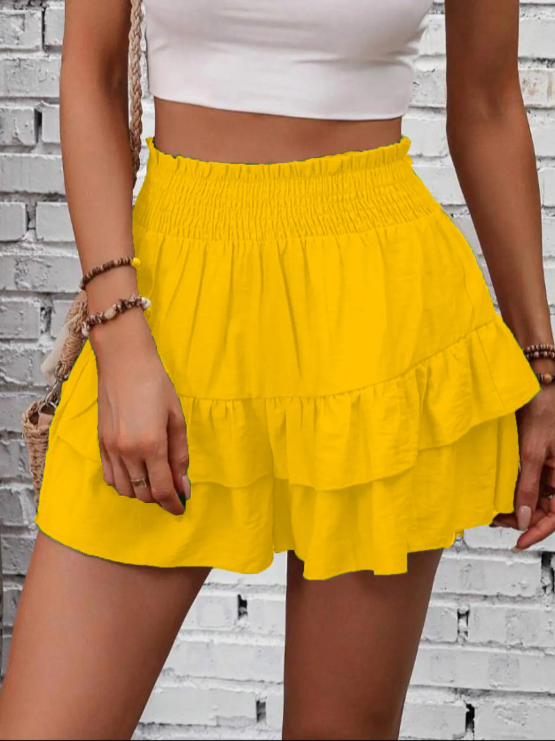 Yellow Tiered ruffle high-waist smocked skort with built-in shorts