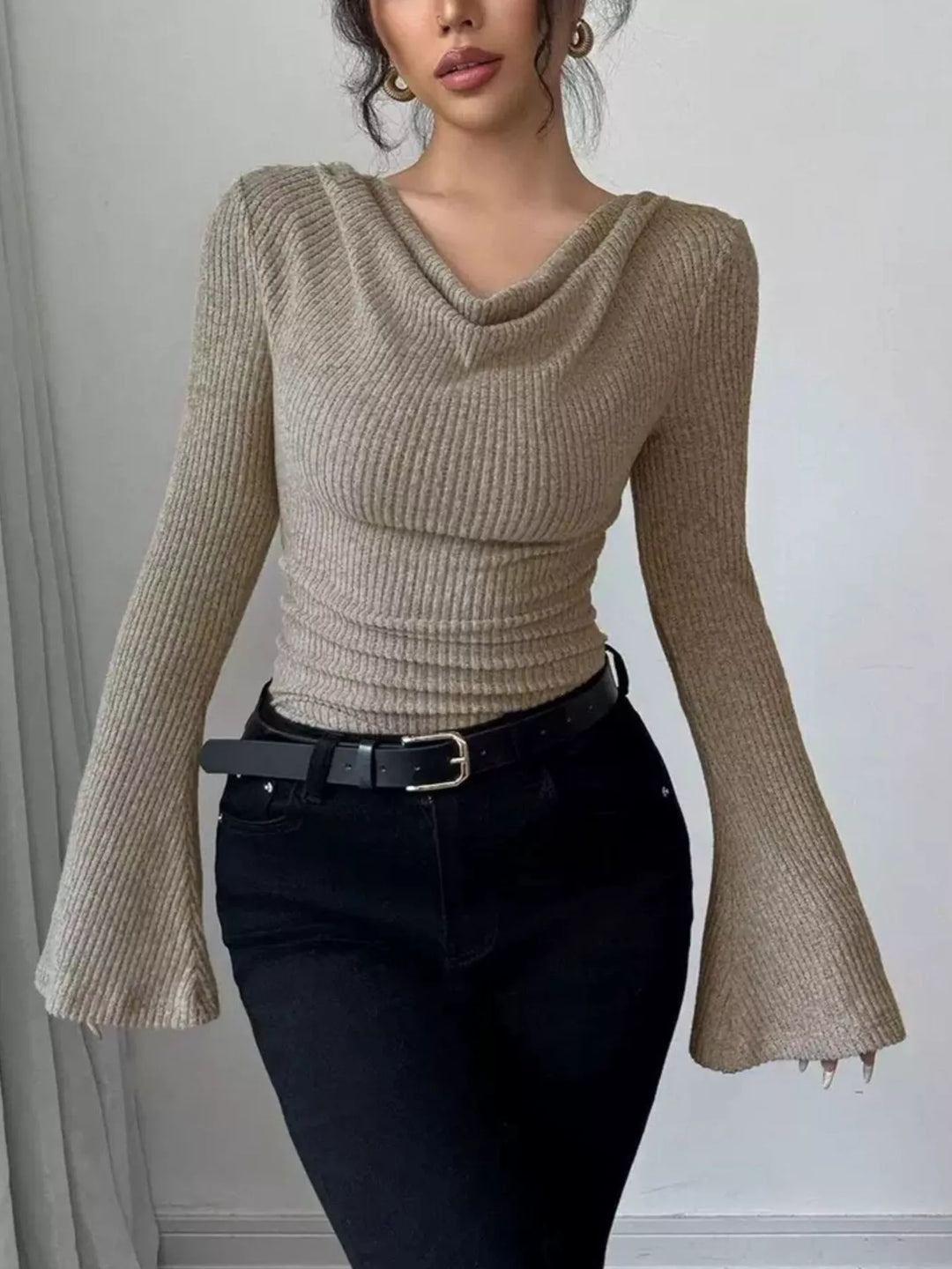 Khaki Cowl neck ribbed knit top with flare sleeves