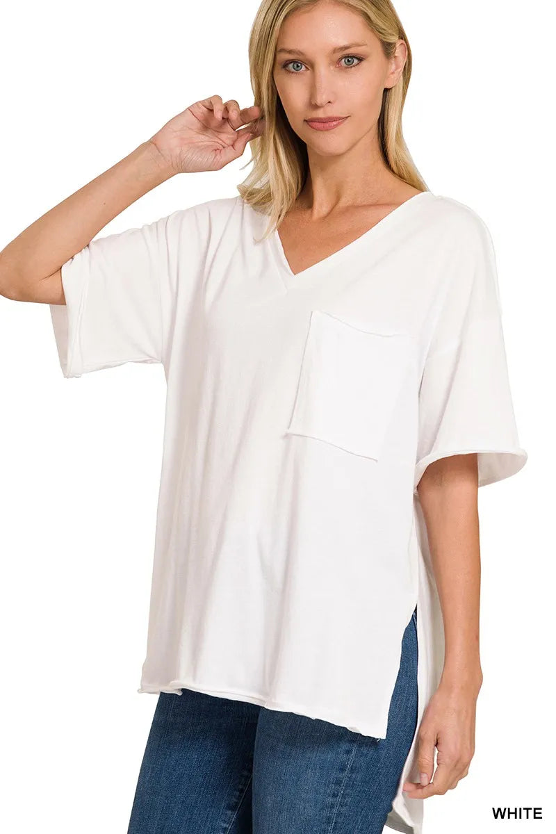 WHITE Raw edge boyfriend tee with front pocket and high-low hem