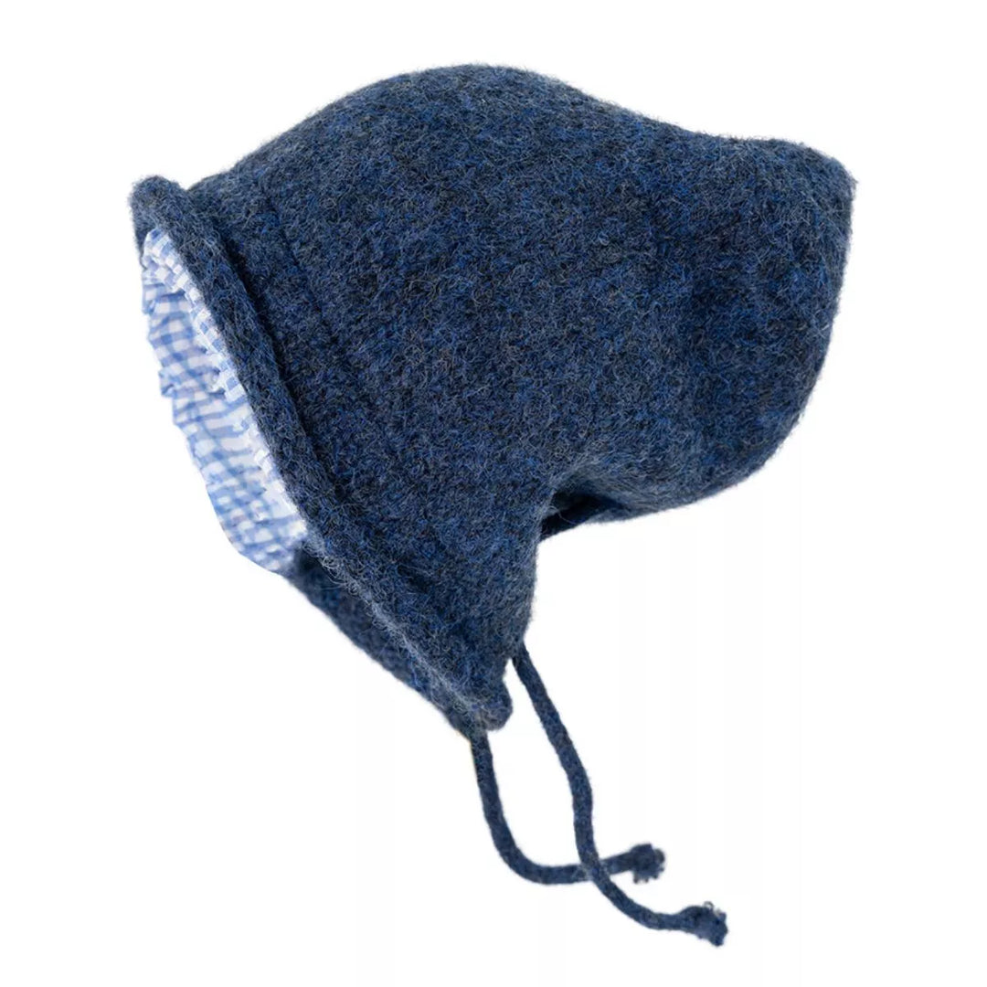 Gingham ruffle trim knit bucket hat with soft brim