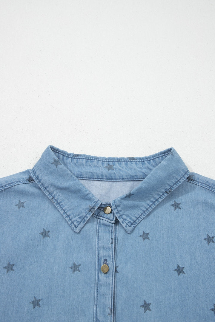 Star print short sleeve denim shirt with chest pockets