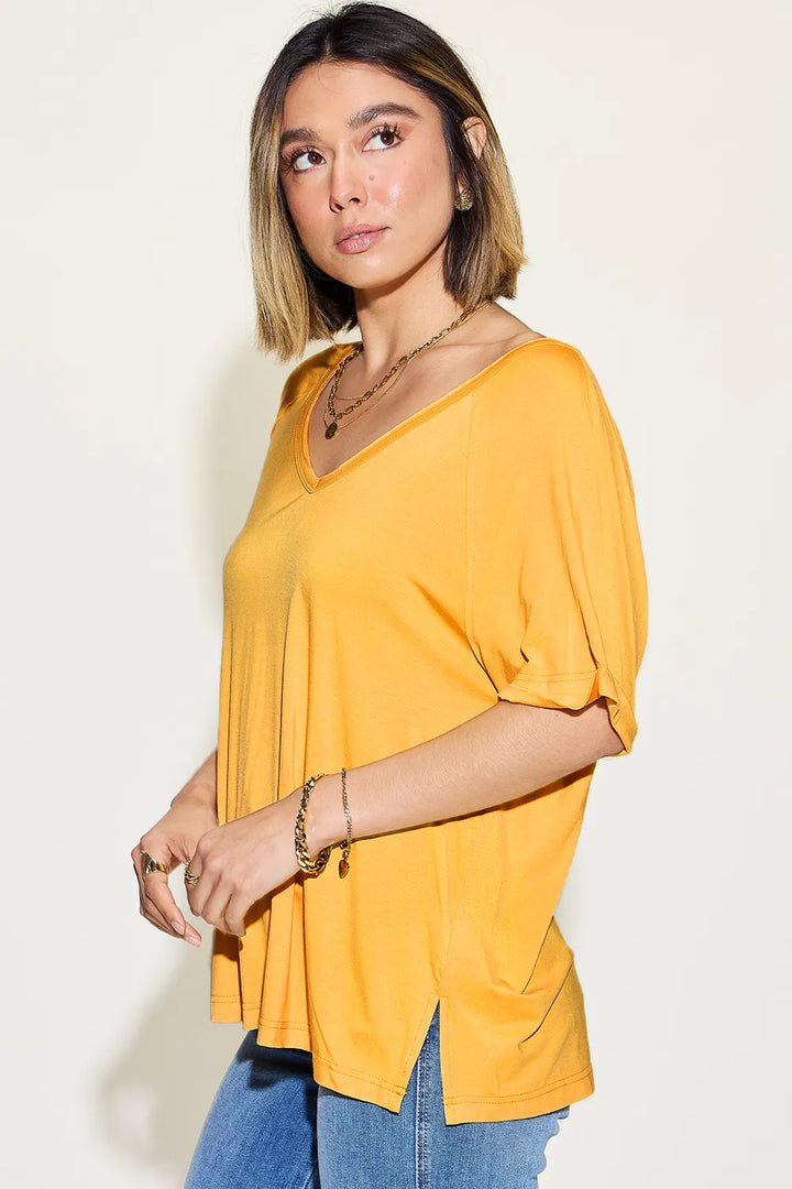 Relaxed bamboo V-neck short sleeve tee with side slits