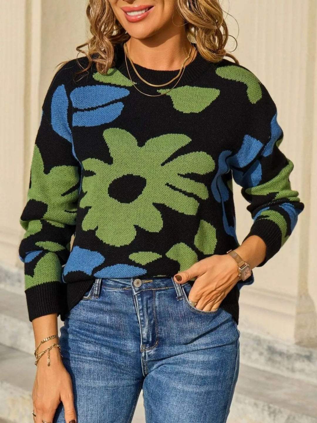 Retro floral knit crew neck pullover sweater