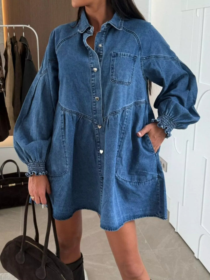 Button-down denim shirt dress with puff sleeves and pockets
