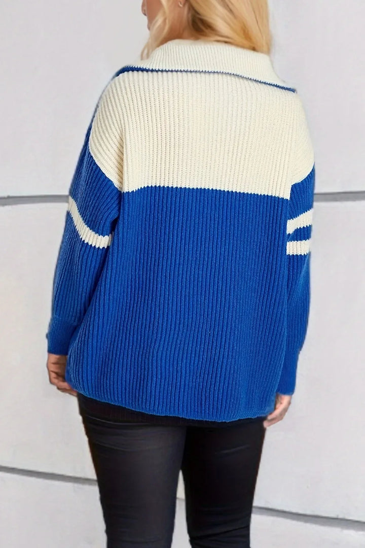 Quarter-zip ribbed knit sweater with striped sleeves