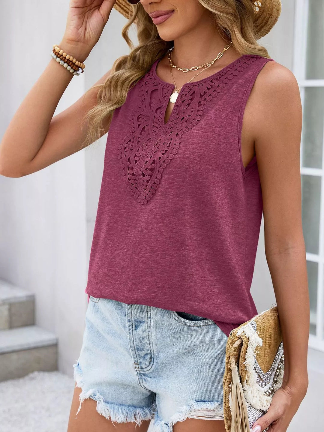 Lace crochet-trim notch-neck sleeveless tank top