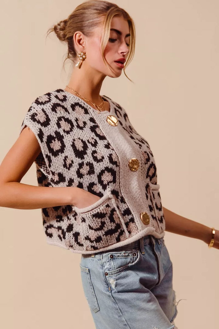 Leopard knit button-front sweater vest with gold buttons
