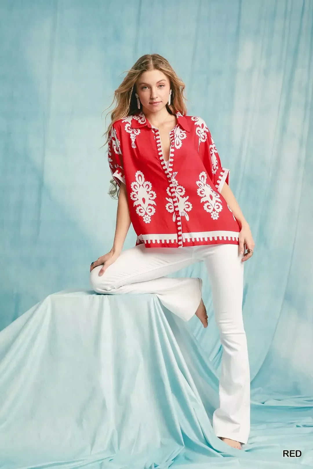 Abstract folk art print oversized button-down shirt